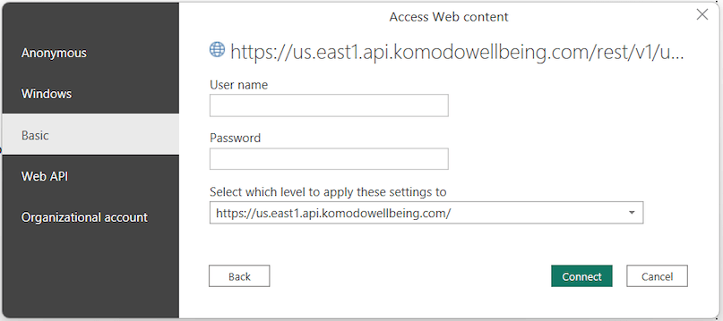 Enter Basic authentication credentials